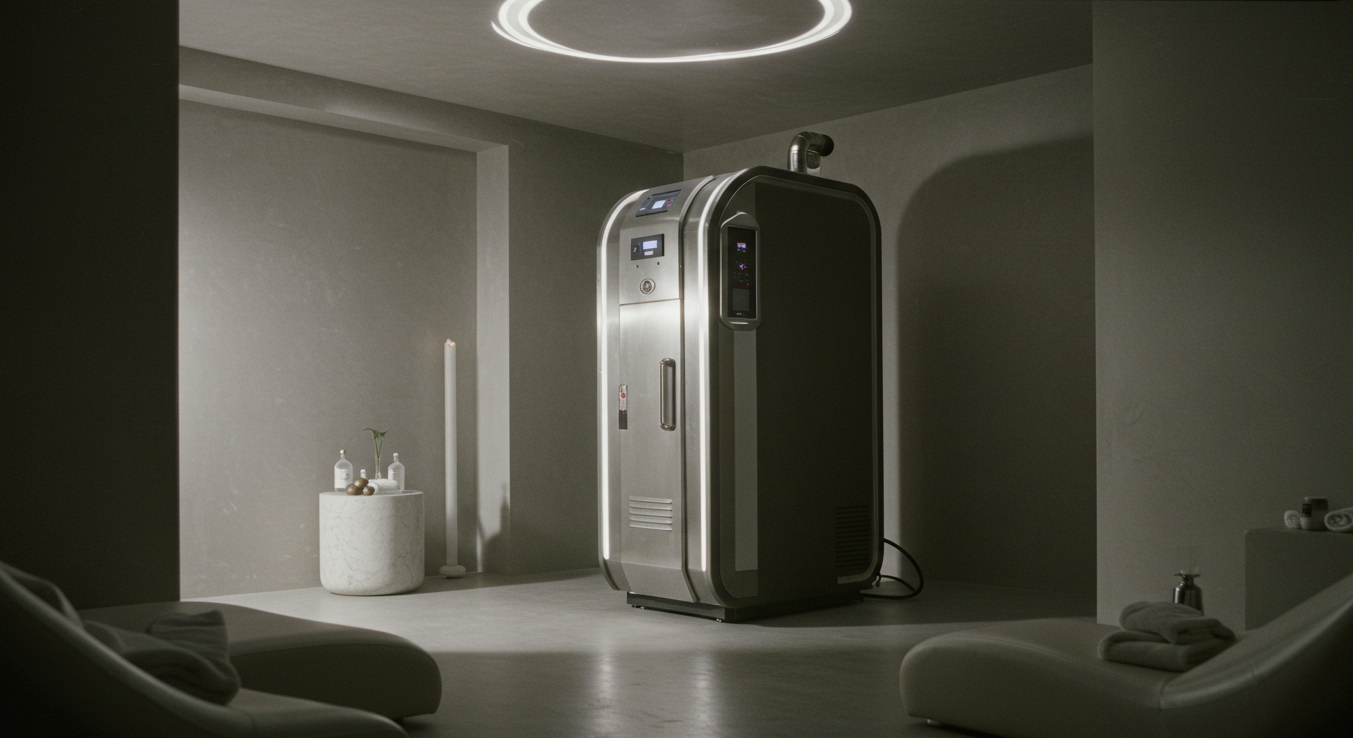 Modern refrigerator in a minimalistic room with neutral tones