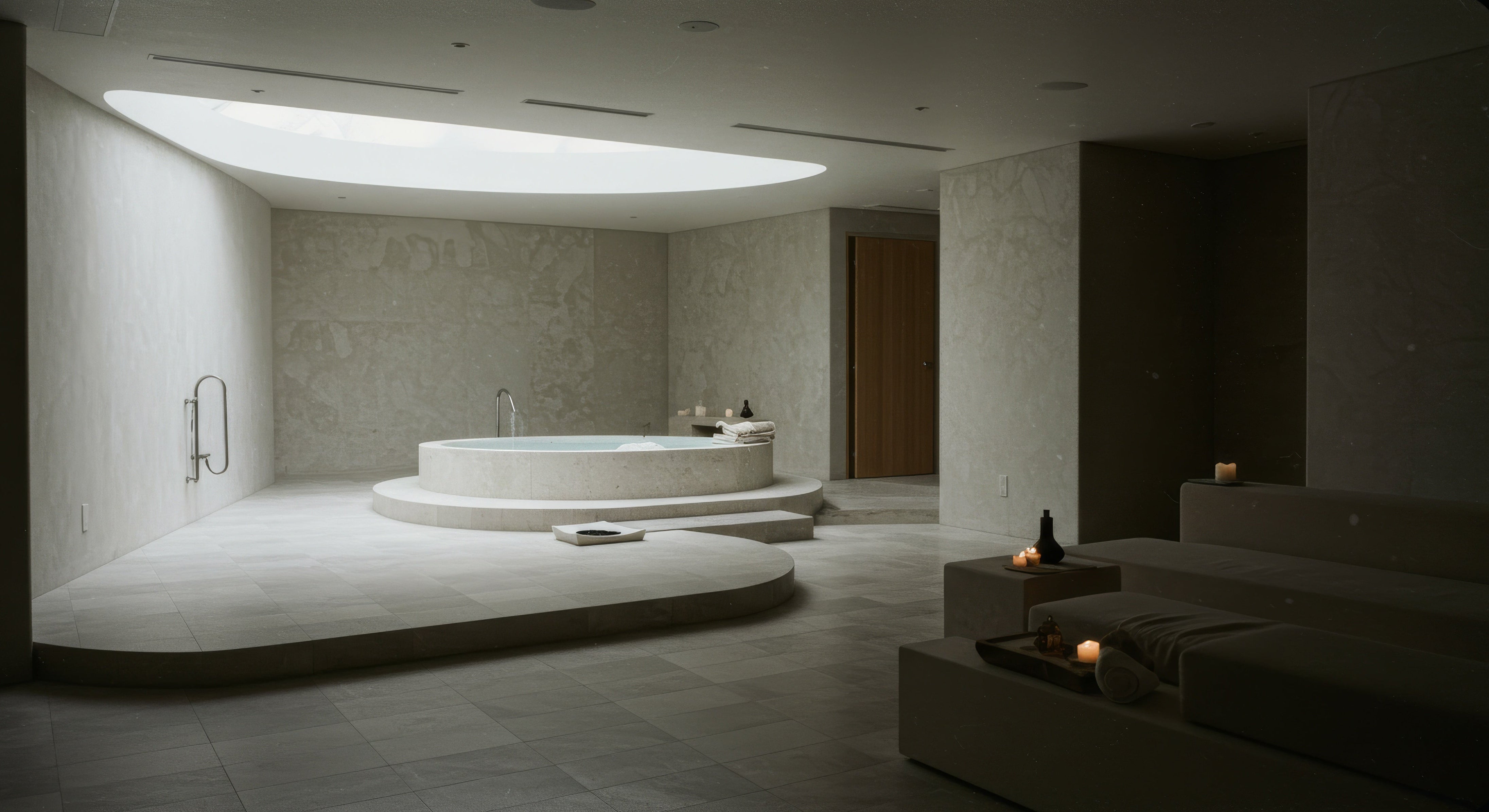 Modern bathroom with a large freestanding bathtub and marble walls.