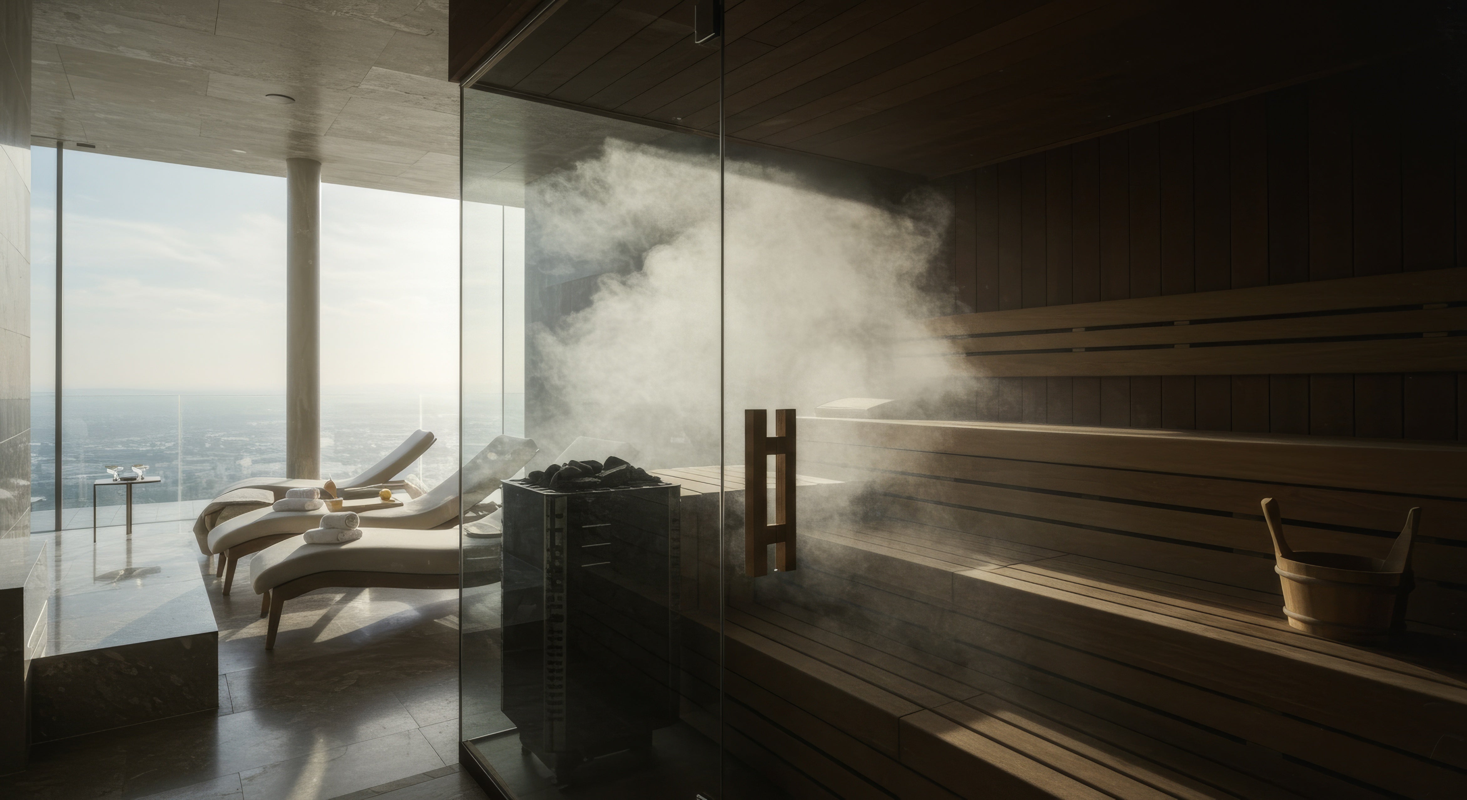 Modern sauna with wooden interior and glass walls overlooking a scenic view.