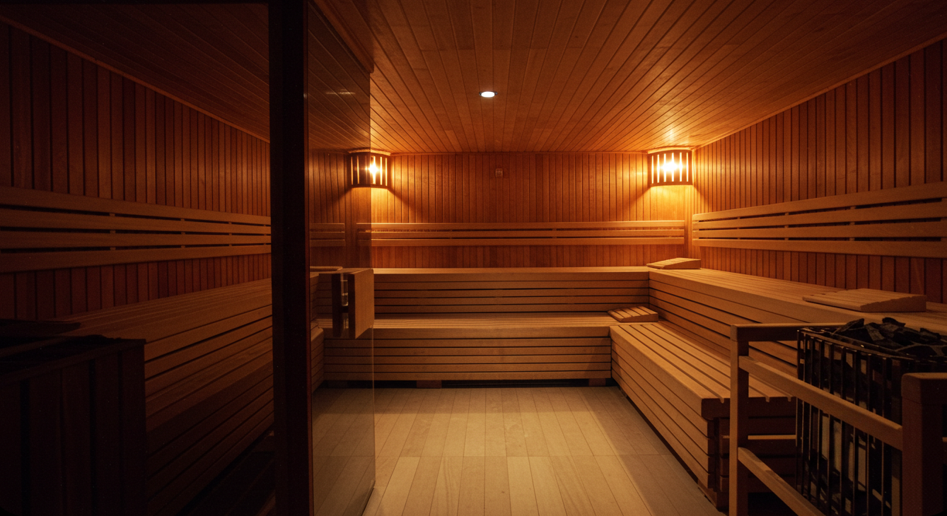 Wooden sauna with benches and dim lighting